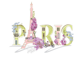 Sticker - Paris lettering decorated with flowers and the Eiffel tower and other architecture sights. Hand drawn vector illustration.