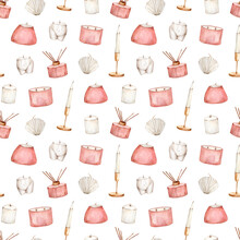 Hand Drawn Watercolor Seamless Candle Pattern. Watercolour Candlesticks, Aroma Diffuser. Body And Shell Shaped Candles Isolated On White Background