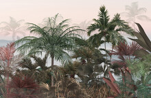 Tropical Trees And Leaves For Digital Printing Wallpaper, Custom Design Wallpaper - 3D Illustration
