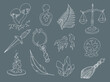 Esoteric magic witchcraft attributes doodle set. Colorless design. Collection of hand drawn witch tools occult objects hats broom cards moonlight snake isolated on transparent background