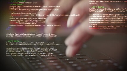 
Close Up of Hands Typing Code on Laptop Keyboard. Layers Of Program Code Appearing.  
Hacker, Surveillance, Security System, Internet Of Things, AI.