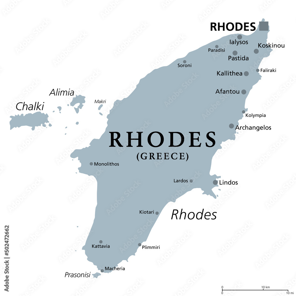 Rhodes, Greek island, gray political map. Largest of Dodecanese islands of Greece, in the Mediterranean Sea, with nicknames, such as Island of the Sun, The Pearl Island, and The Island of the Knights.
