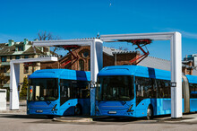 Electric Buses Are In The Parking Lot On A Charge. Eco-friendly Urban Public Transport