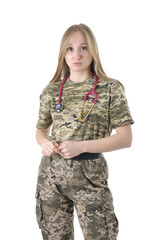 Female military doctor in a camouflage uniform with stethoscope looking at camera isolated on a white background