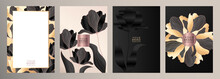 Floral Cover Design Set With Premium Flower In Black And Gold Color. Summer Elegant Vector Background Pattern For Luxury Wedding Invitation, Menu, Summer Sale, Holiday Poster, Flyer, Eco Catalog