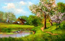 Spring Landscape With A Tree, Old House In A Meadow. Oil Paintings Rural Landscape.