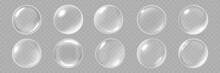 Bubbles, Realistic 3d Soap Bubble Isolate On Vector Transparent Background. Abstract Soap Foam Or Glass Bubbles With Glossy Light