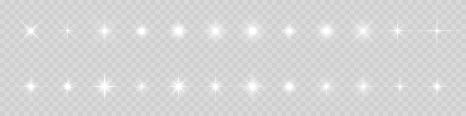 Wall Mural - Star light and shine glow, vector sparks and bright sparkles effect on transparent background. Stars flare and starlight flash shine, magic glitter and twinkling stars