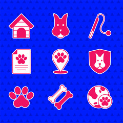 Set Location veterinary hospital, Dog bone, World pet, Animal health insurance, Paw print, Medical clinical record, Pet toy and house icon. Vector