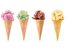 Row Of Strawberry, Mint, Chocolate And Vanilla Ice Cream Sugar Cones On A White Background With Copy Space.