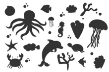 Silhouettes Of Fish And Sea Animals Isolated Black And White Vector Illustration Minimal Style EPS