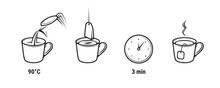 Tea Brewing Instruction Icons Of Tea Bag And Cup, Vector Brew Preparation Method. Teabag Brew Mug And Making Icons With Time Steps