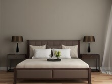 Bedroom Interior Mockup With Khaki Wall And Brown Furniture. 3d Rendering. 3d Illustration