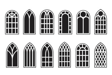 Wall Mural - Gothic windows outline set. Silhouette of vintage stained glass church frames. Element of traditional european architecture. Vector