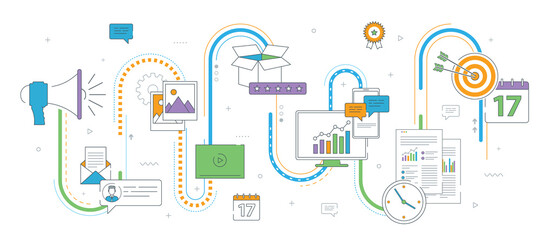 Wall Mural - advertising and marketing communication icons. concepts for business marketing, analytics and strate