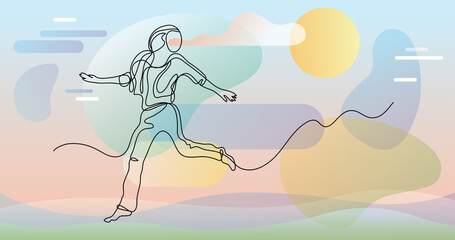 Wall Mural - continuous line drawing of happy running woman