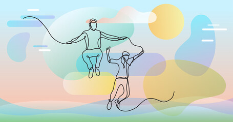 continuous line drawing of two happy teenagers jumping