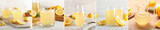 Fototapeta Kawa jest smaczna - Set of fresh lemon juice on light background