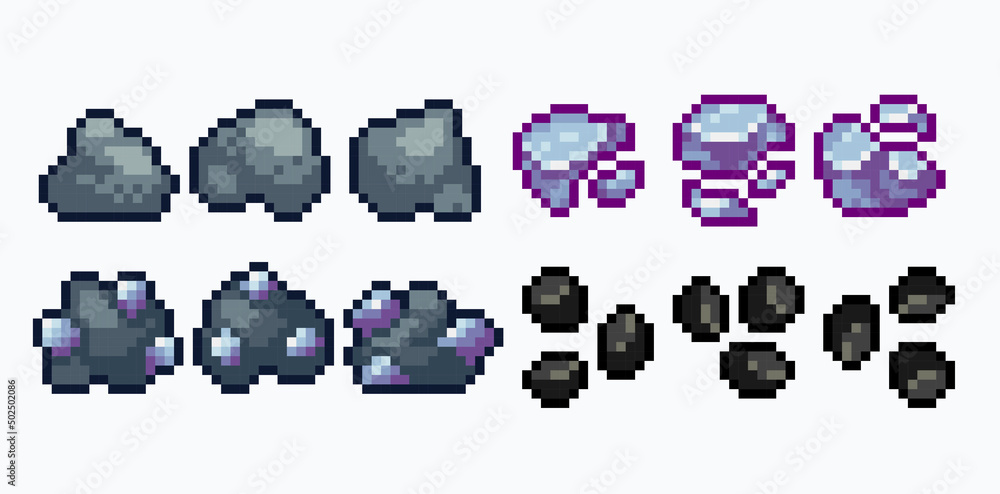 Vetor Rock and mineral deposits pixel art set. Ore nuggets and
