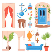 Moroccan Set Of Traditional Architecture And Country Symbols. Oriental Culture, Arabic Interior Decorative Things, Morocco Hookah, Islam Religion, Building Entrance Vector Illustration