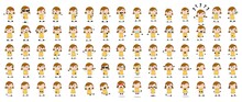 Set Of Cartoon Vector Of Little Girl Character In Yellow Shirt With Various Poses.