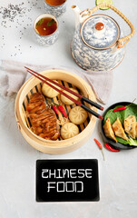 Sticker - Assorted Chinese food set on light background.