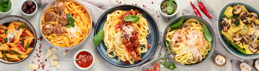 Italian pasta assortment on light background.