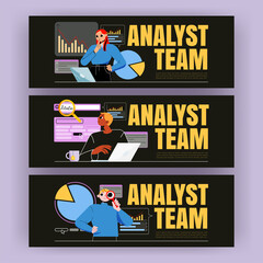 Wall Mural - analyst team banner with people work with data analysis, business and finance reports. vector horizo