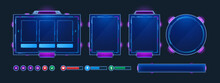 Game Frames And Buttons In Sci Fi Style. Menu, Game Assets And Design Elements For User Interface. Vector Cartoon Set Of Futuristic Panels, Health, Money And Energy Bars