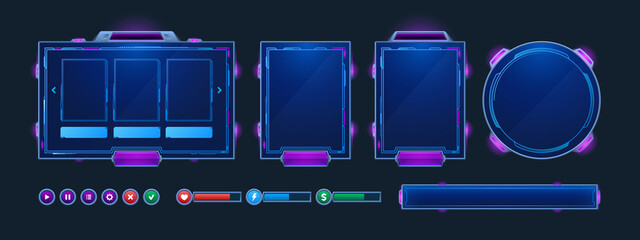 Game frames and buttons in sci fi style. Menu, game assets and design elements for user interface. Vector cartoon set of futuristic panels, health, money and energy bars