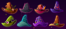 Magic Witch Hats, Wizard Caps For Halloween Costume. Vector Cartoon Set Of Fantasy Old Magician Or Sorceress Hats With Skull, Eye, Belt, Feathers And Gold Stars
