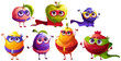Funny fruit and berries superhero characters in mask and cape. Vector cartoon set of happy super hero mascots, cute apple, plum, pear, peach, blueberry, pomegranate, and lemon