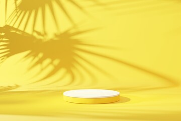 Podium and palm leaf shadow on yellow wall abstract background. Copy space of product presentation and tropical summer concept.