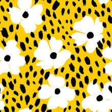 Abstract Modern Leopard Seamless Pattern With Flowers. Animals Trendy Background. Floral Vector Stock Illustration For Print, Card, Postcard, Fabric, Textile. Modern Ornament Of Stylized Skin