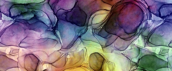 Wall Mural - trendy alcohol ink background, dark contrast texture with luxury color mix base, puple, yellow and g