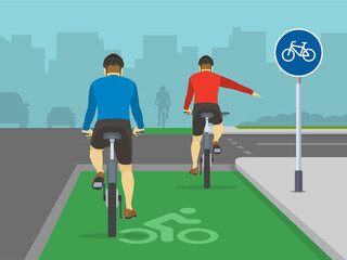 Wall Mural - Traffic regulation on roads. Safe bicycle riding. Cyclist turning right on bike lane junction. Back view of a cyclist showing turning gesture while cycling. Flat vector illustration.