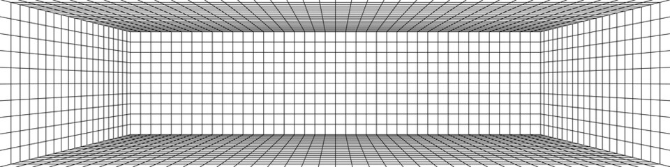 Wall Mural - 3d digital one point perspective grid room. black mesh on white background. empty indoor studio fram