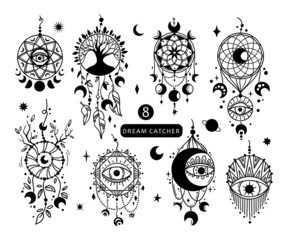 Wall Mural - Hand drawn mystical Dreamcatcher isolated clip art bundle, black and white line boho dream catchers, celestial floral design elements - vector illustration collection