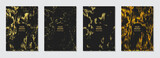 Fototapeta Młodzieżowe - Modern set of holiday covers. Black backgrounds with grungy abstract gold texture of spots, sparkles, splashes. Collection of vertical templates for design and decoration with space for text.