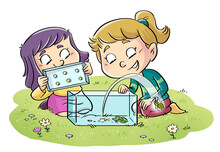Illustration Of Two Girls Releasing An Insect In The Field