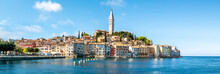Panoramic View At The Old Town With Bell Tower Of Santa Eufemia Church In Rovinj, Croatia