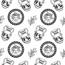 Seamless Coin Pattern With An Image Of Medusa Gorgon. Hand-drawn Doodle Elements In Sketch Style. Vases With The Feat Of Perseus. Sprigs Of Laurel On A White Background.