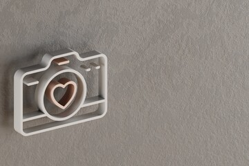 Aufkleber - Beautiful abstract illustrations Withe and Golden Digital Camera with heart symbol icons on a gray wall background. 3d rendering illustration. Background pattern for design. .