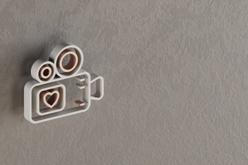 Aufkleber - Beautiful abstract illustrations Withe and Golden Video Camera with heart symbol icons on a gray wall background. 3d rendering illustration. Background pattern for design. .