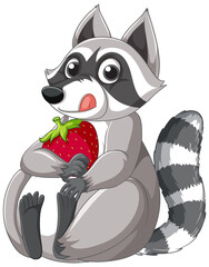 Poster - Cute cartoon raccoon sitting with strawberry on white background