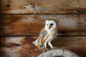 barn owl (tyto alba) sitting in an old barn in gelderland in the netherlands.