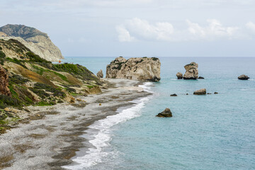 Panoramic view of the Mediterranean coast in the area of Aphrodite's stone, Petra tou Romiou, Cyprus