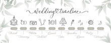 Wedding Timeline Menu On Wedding Day With Green Watercolor Botanical Leaves. Abstract Floral Art Background Vector Design For Wedding And Vip Cover Template.