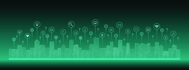 line of cityscape and communication network illustration concept. telecommunication. iot (internet o