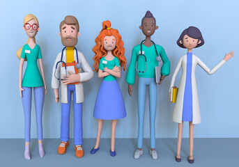 International doctor team, Hospital medical staff. Medical concept isolated on blue background, Bright portraits doctor and nurse 3D render.